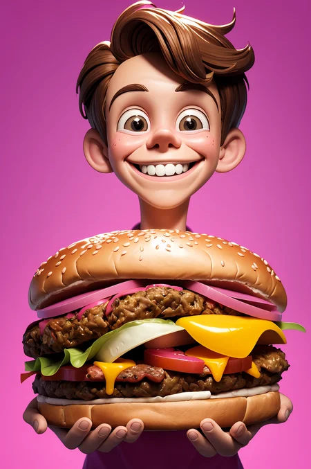 simple background,pink background,preteen boy holding a huge hamburguer,glowing haze,masterpiece,high quality,brown hair,(dynamic pose)(dynamic camera),<lora:anti_longtorso_v10:0.8>,<lora:eye_size_slider_v1:4>,<lora:add_detail:0.1>,<lora:color_slider_v2:2.5>,[happy512:grin512],