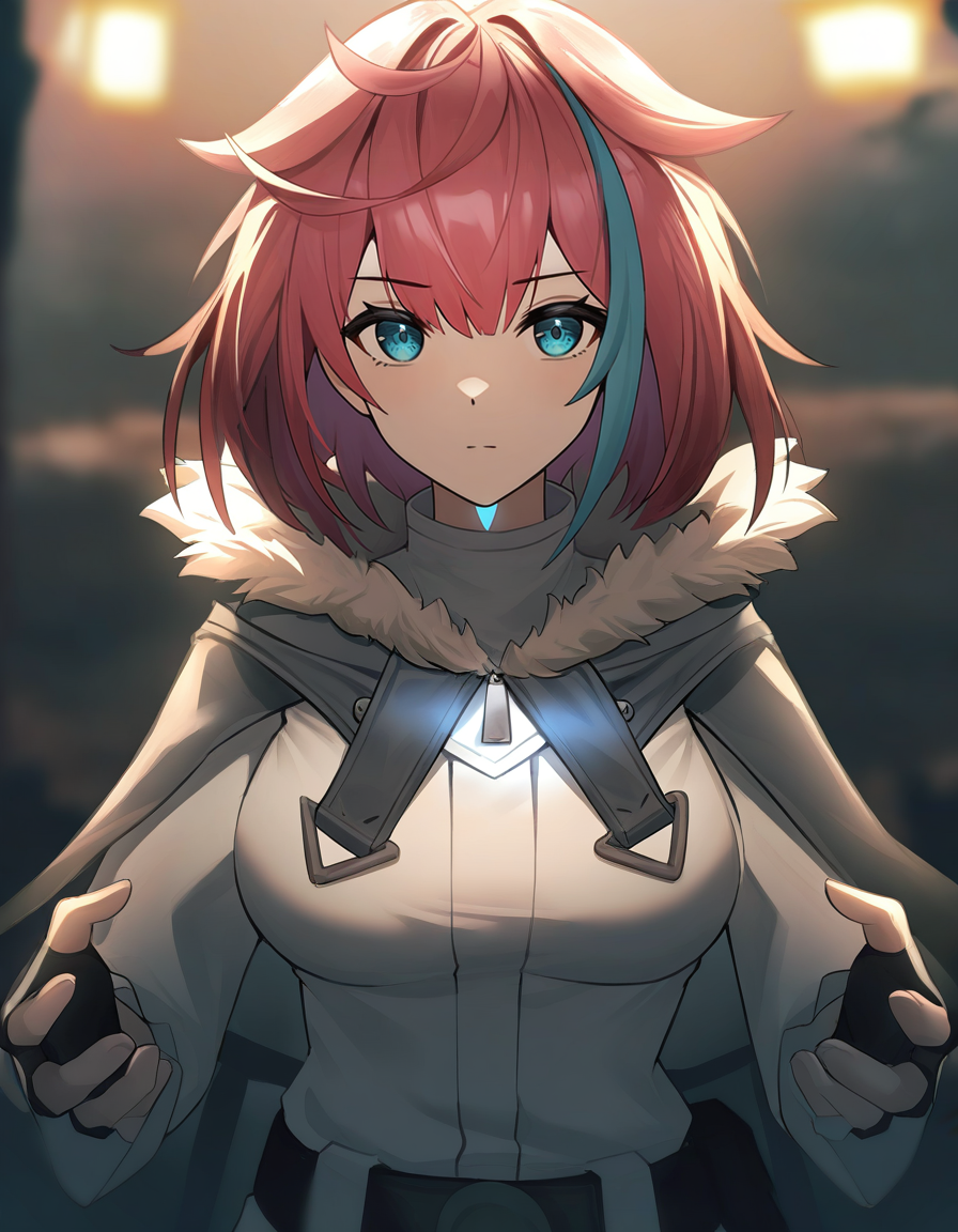 <lora:xialuo_noob>,xialuo,anotherstyle,1girl,solo,fingerless gloves,gloves,red hair,multicolored hair,glowing,looking at viewer,blue hair,blue eyes,fur trim,closed mouth,cinematic lighting,cinematic angle,
masterpiece,best quality,very aesthetic,absurdres,