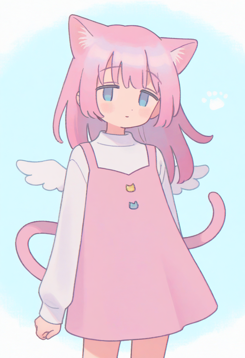 best quality, amazing quality, very aesthetic, absurdres,
BREAK
1girl, angel wings, animal ears, blue eyes, cat ears, cat girl, cat tail, dress, long hair,
looking at viewer, magical girl, pink hair, pink theme, solo, tail, wings, yume kawaii, yume ne,   <lora:MujiNoob_byKonan:1>