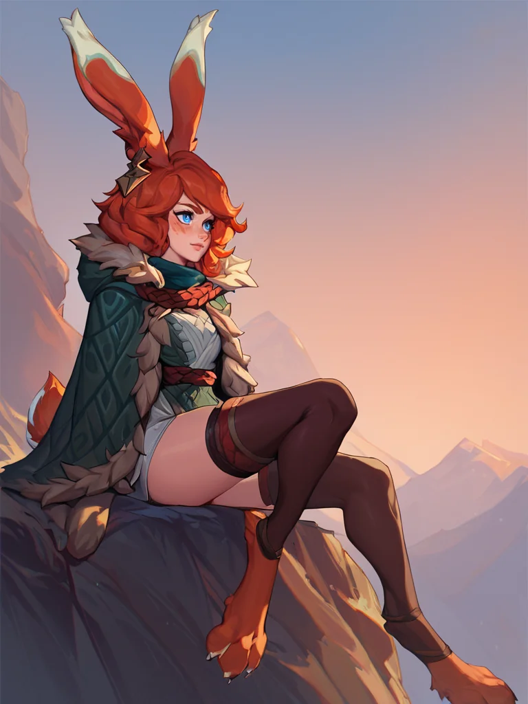 score_9, score_8_up, score_7_up, <lora:Aurora:1>, aurora (league of legends), 1girl, solo, blue eyes, rabbit ears, rabbit tail, animal feet, green cloak, fur trim, earrings, thighhighs, sitting on a cliff, outdoors