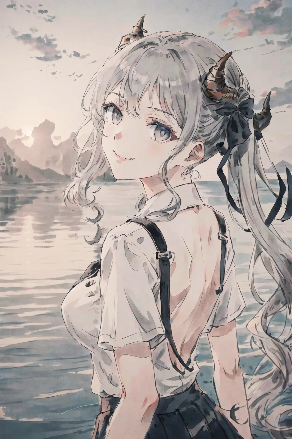 1girl,upper body,beautiful detailed eyes, medium_breasts, long hair,grey hair, grey eyes, curly hair, bangs, smug, twintails, beautiful detailed sky, beautiful detailed water, dramatic angle, ((back to the viewer)),(an extremely delicate and beautiful),school uniform,black ribbon,light smile, ((sfw)), horns