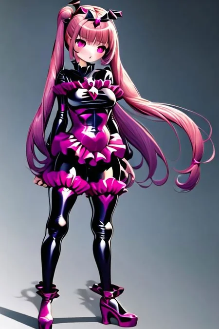 1 girl, Bad_End_Precure, Bad_End_Happy,pink hair, pink eyes, latex, frilly bodysuit, standing, fighting, fly, magic, masterpiece, cure_happy, red gems