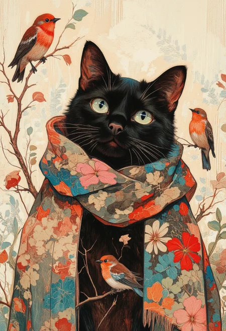 ((Decorative illustration in folklore style)) A black cat with large expressive eyes wrapped in a bright scarf with a pattern of branches and flowers. On the scarf and around the cat are stylized birds in bright colors. The background is pastel, with thin branches, leaves and falling petals. Detailed elements, soft textures, warm colors
OBxiaoxiang, drkfnts style, DB4RZ, DB4RZ style painting