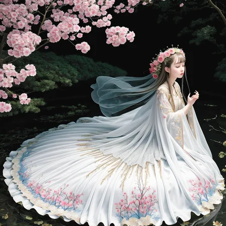 original, (masterpiece), (illustration), (extremely fine and beautiful), (perfect details), (beautiful and clear background:1.25), (depth of field:0.7), (stands aside the river:1.15). (cute:1.3), (detailed beautiful eyes:1.3), (beautiful face:1.3), silver hair, silver ear, (pink hair:0.7), (pink ear:0.7), long hair, (hair blowing with the wind:1.1), (blue eye:1.1), (female internet celebrity:1.2), butterflys flying around, (moon light:0.6), tree, (summer), (night:1.2), (close-up:0.35), (gloves:0.8), solo,full body,hjy<lora:hjy-10:0.7>