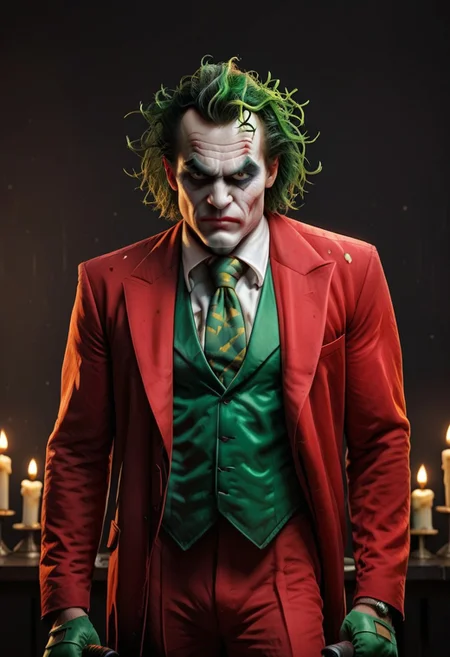 score_9, score_8_up, score_7_up, score_6_up, room with many candles, candlelight,
hand, 1boy, The Joker, standing, looking to viewer, pout, green messy hair, pout, red formal suit, red jacket, red pants, green necktie, green gloves, yellow vest, holding leather whip