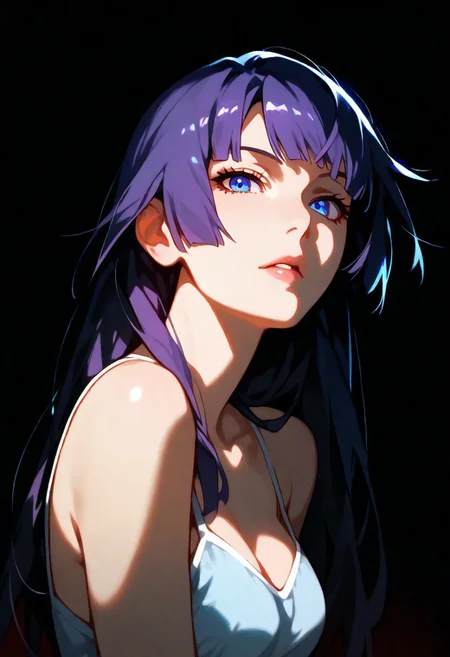 1girl,Hitagi Senjougahara (Monogatari Series), lips, thin lips, parted lips, solo, looking at viewer, camisole, upper body, dark, underlightling, masterpiece, best quality, very aesthetic