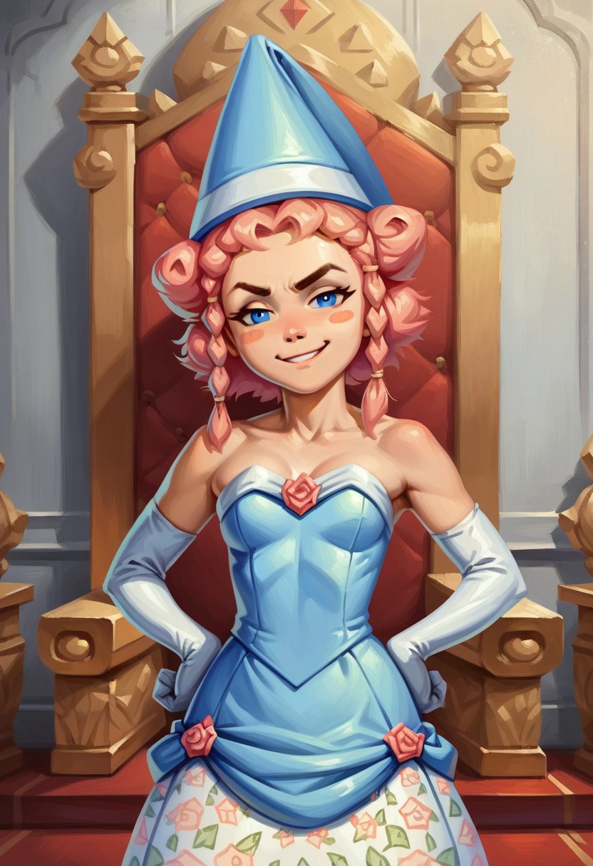 score_9_up, score_8_up, score_7_up, score_6_up, 1girl, solo, Pr1ncess_B, pink hair, blue eyes, twin braids, blue headwear, strapless blue dress, floral print, white elbow gloves, blush stickers, adult, (painted art), standing, indoors, throne room, hands on hips, smug smile, (realistic, painted art)