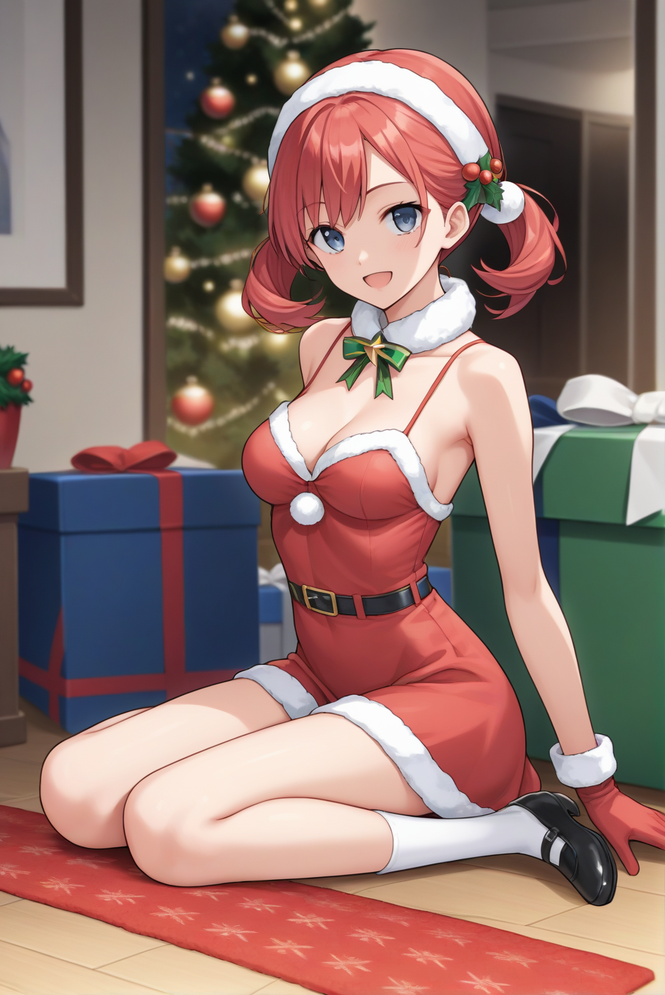 santa costume, dsc-nokia, red hair, medium breasts, 1girl, solo, skinny, masterpiece, high quality, (full body), indoors, happy, score_9, score_8_up, score_7_up, source_anime, anime, anime style <lora:dsc-nokia-pony-V05-000003:0.40>