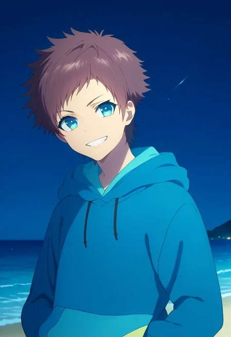score_9, score_8_up, score_7_up, source_anime, highly detailed,
hikari, 1boy, male focus, solo, brown hair, hoodie, hood, shorts, blue eyes, upper body, blue hoodie, hood down,
outdoor, sky, ocean, night, grin,