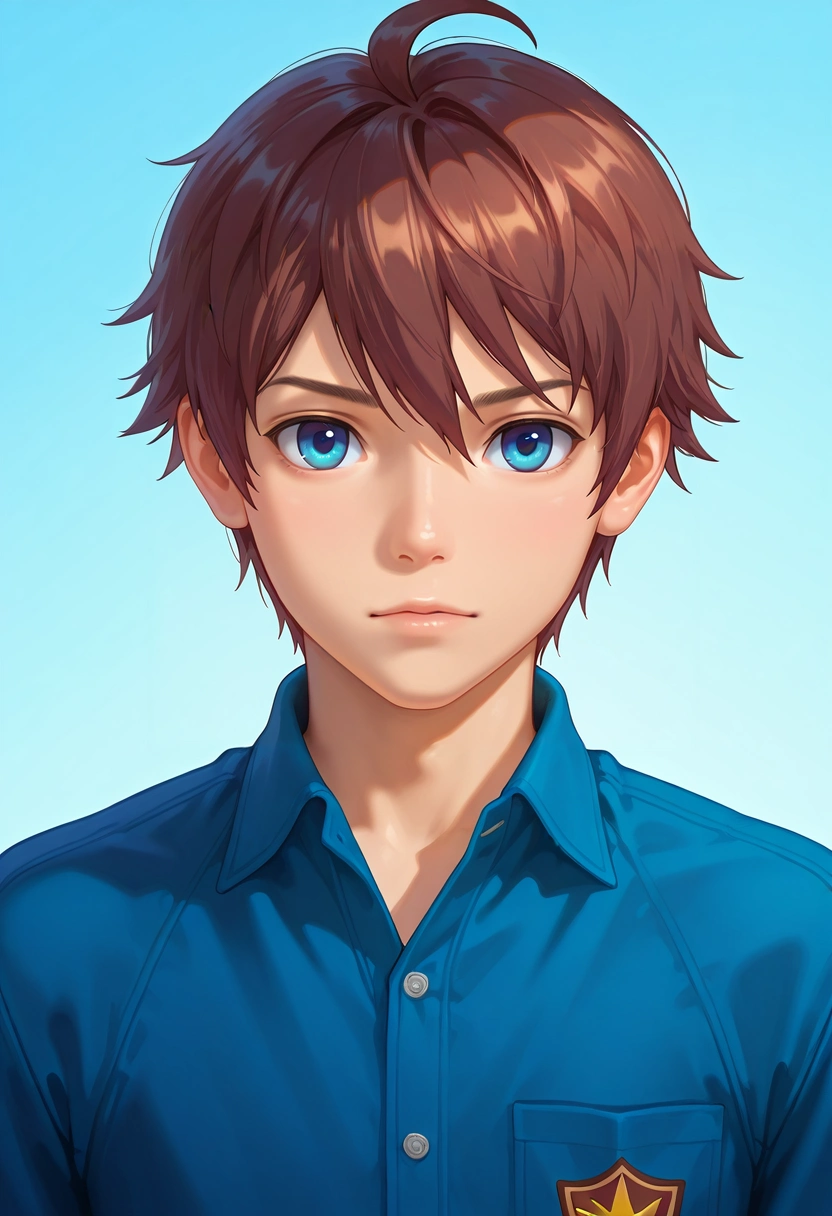 masterpiece, best quality, , semi-realistic, looking at viewer, , 1boy, solo, male focus, <lora:seto_aihara_ilxl:0.86>, seto_aihara, brown hair, blue eyes, short hair, ahoge, , , ,