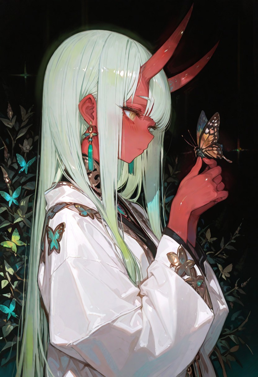 masterpiece, best quality, good quality, newest, highres, absurdres, volumetric lighting,gradient color,
BREAK 
raytracing, volumetric lighting, ambient occlusion, girl, background, masterpiece, best quality, very awa, absurdres, 
BREAK
Aka-Oni, oni, colored skin, (red skin:1.3), straight horns, solo, long hair, model style, 
BREAK
masterpiece,amazing quality,best quality,ultra-detailed,8K,illustration,CG,shiny hair,clear skin,ultra-detailed-eyes, background,cute girl, eyelashes
BREAK,
jewelry, long hair, earrings, black background, butterfly, blush, long sleeves, from side, looking at animal, bangs, green hair,abstract,