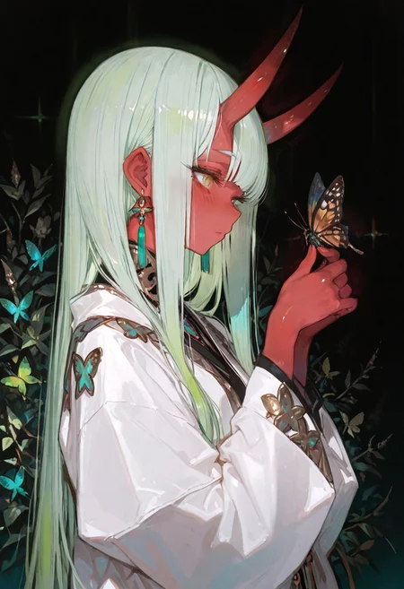 masterpiece, best quality, good quality, newest, highres, absurdres, volumetric lighting,gradient color,
BREAK
raytracing, volumetric lighting, ambient occlusion, girl, background, masterpiece, best quality, very awa, absurdres,
BREAK
Aka-Oni, oni, colored skin, (red skin:1.3), straight horns, solo, long hair, model style,
BREAK
masterpiece,amazing quality,best quality,ultra-detailed,8K,illustration,CG,shiny hair,clear skin,ultra-detailed-eyes, background,cute girl, eyelashes
BREAK,
jewelry, long hair, earrings, black background, butterfly, blush, long sleeves, from side, looking at animal, bangs, green hair,abstract,