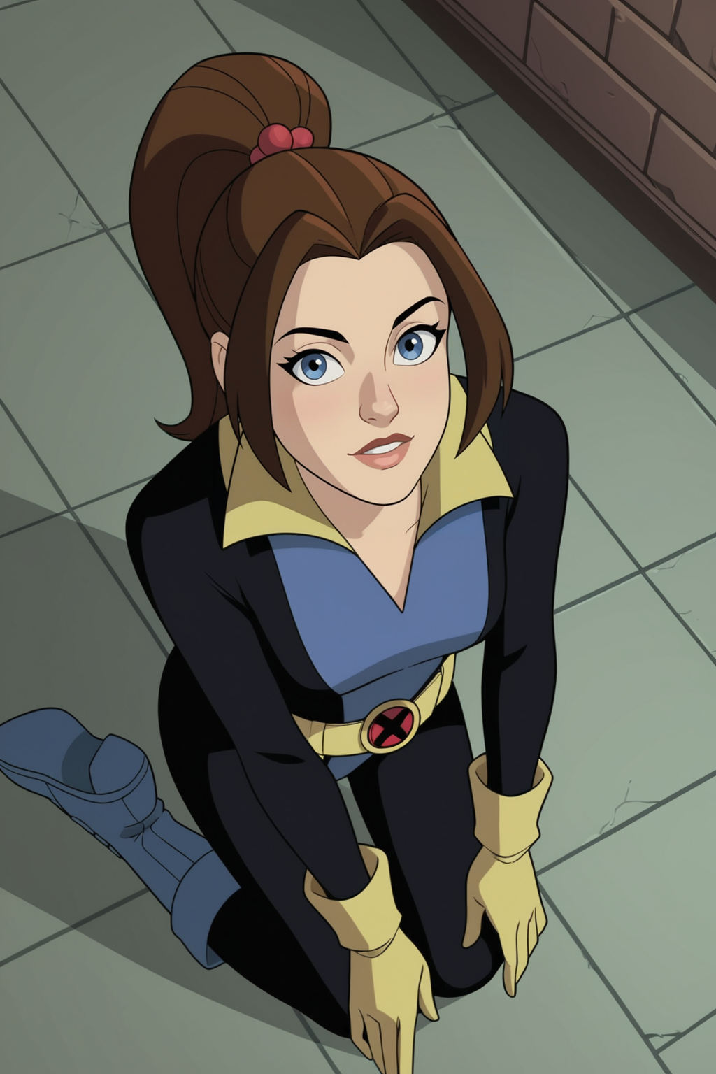 score_9, score_8_up, score_7_up, score_6_up, score_5_up, score_4_up, BREAK, <lora:Kitty_Pryde_2-000005:.7>, 1girl, Kitty Pryde, brown hair, blue eyes, ponytail, hero outfit, bodysuit, yellow gloves, blue boots, yellow belt, kneeling, from above, looking at viewer