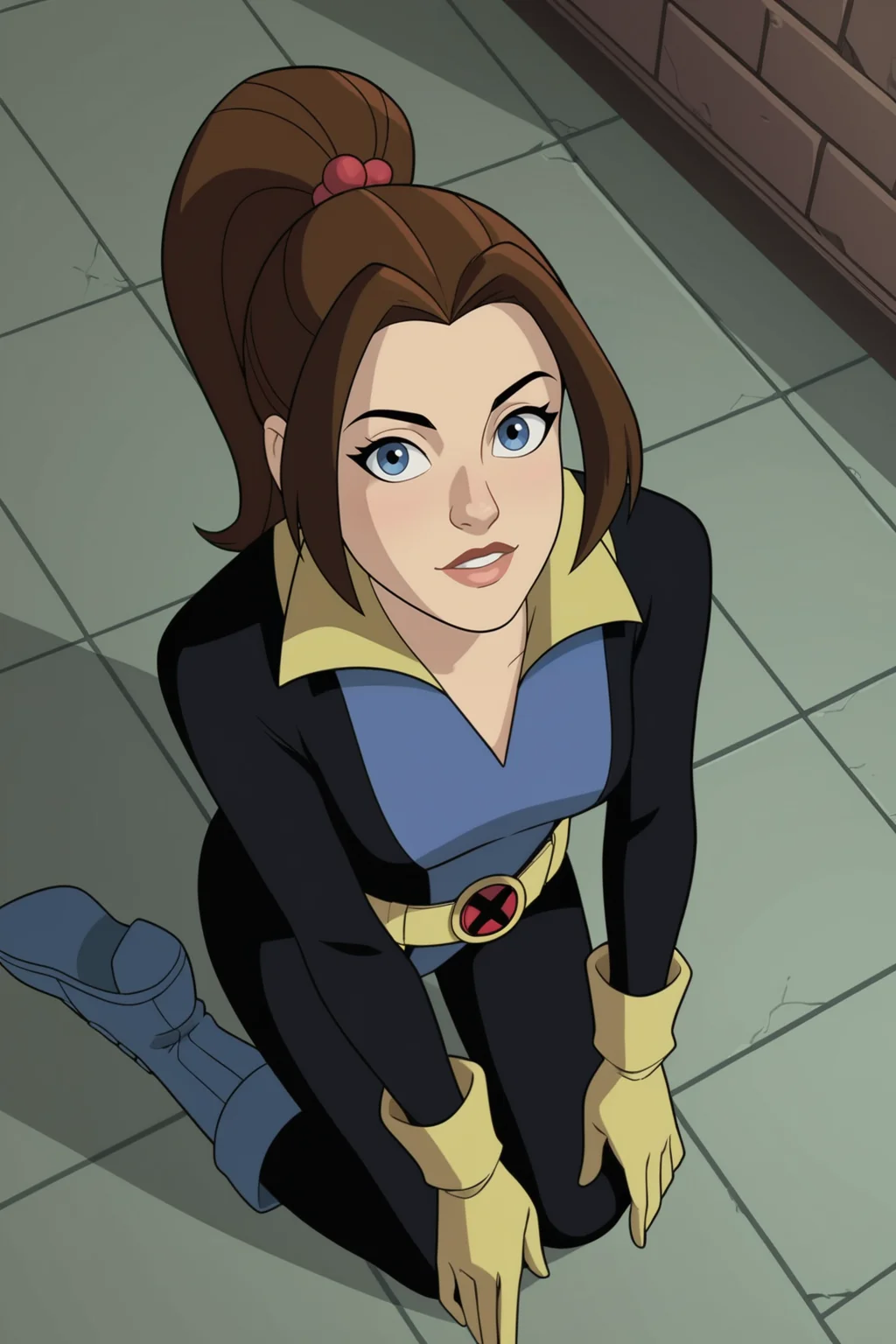 score_9, score_8_up, score_7_up, score_6_up, score_5_up, score_4_up, BREAK, <lora:Kitty_Pryde_2-000005:.7>, 1girl, Kitty Pryde, brown hair, blue eyes, ponytail, hero outfit, bodysuit, yellow gloves, blue boots, yellow belt, kneeling, from above, looking at viewer