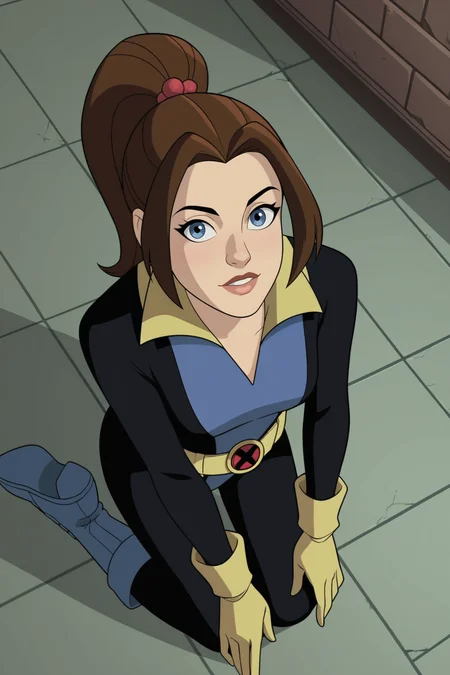 score_9, score_8_up, score_7_up, score_6_up, score_5_up, score_4_up, BREAK, <lora:Kitty_Pryde_2-000005:.7>, 1girl, Kitty Pryde, brown hair, blue eyes, ponytail, hero outfit, bodysuit, yellow gloves, blue boots, yellow belt, kneeling, from above, looking at viewer