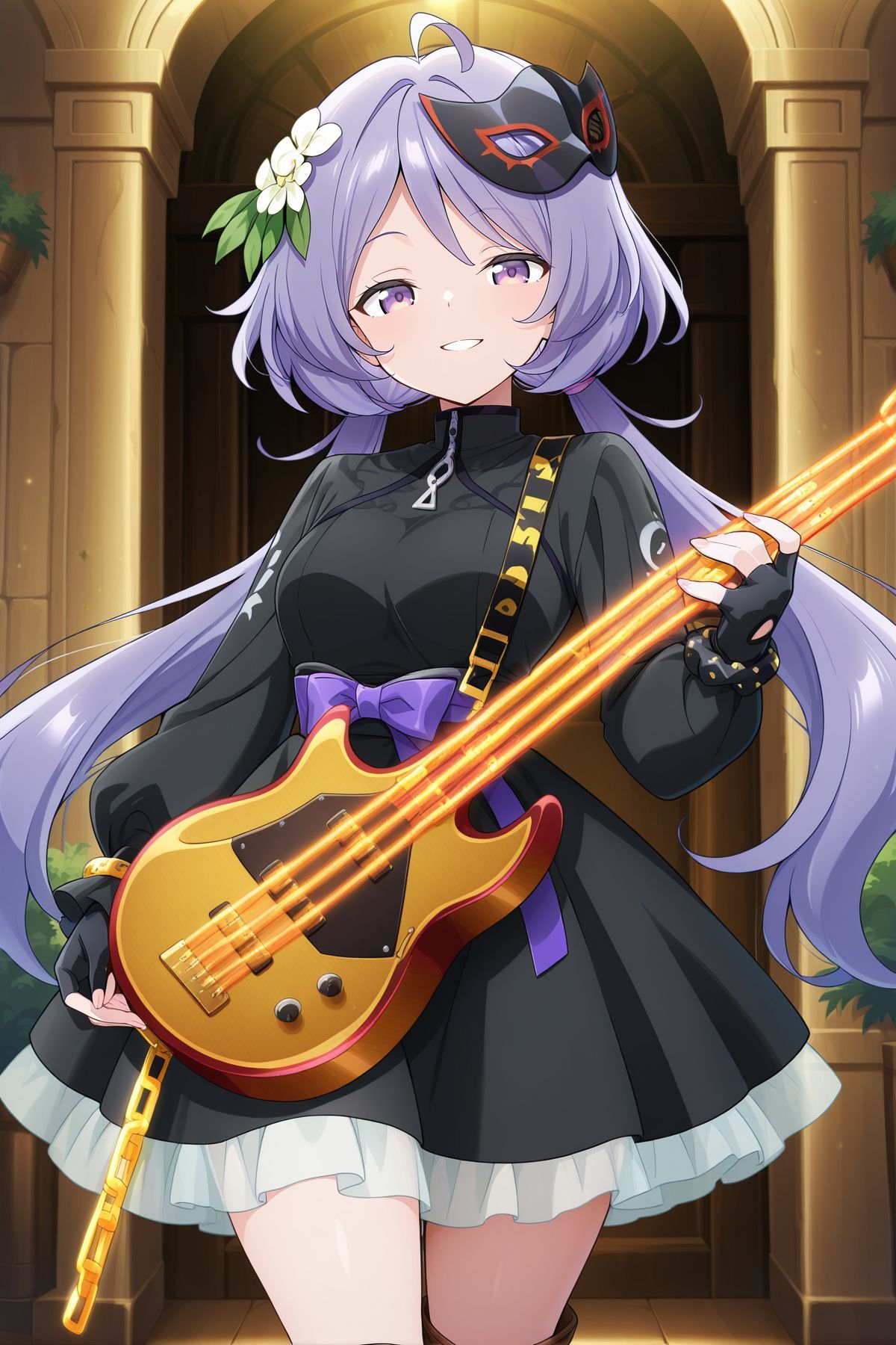 absurdres, highres, masterpiece, best quality, amazing quality, official anime artwork, screencap, anime screencap, indoors, looking at viewer, dynamic pose, smile, happy, 
<lora:Tsukumo-Benben_Illustrious:1> tsukumo benben, 1girl, solo, purple eyes, purple hair, long hair, twintails, ahoge,, tsukumo benben \(rebel biwa bassist\), alternate costume, hair flower, white flower, black dress, puffy long sleeves, frilled skirt, waist bow, purple bow, black gloves, fingerless gloves, brown boots, black mask, mask on head, holding bass guitar, wrist scrunchie, black scrunchie,