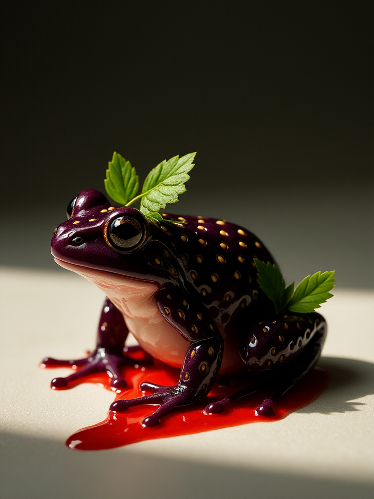 A chubby frog crouches in the shadow of a broken teacup. Its skin is composed of dark purple strawberry flesh, moist and dimpled, with white seeds along the spine. Two delicate green petals extend from the top of its head, mimicking ears. A trail of red juice seeps beneath it, connecting it visually to the fragments of fruit nearby.
<lora:FruitCore-StrawberryShift-0.3-000004:1>