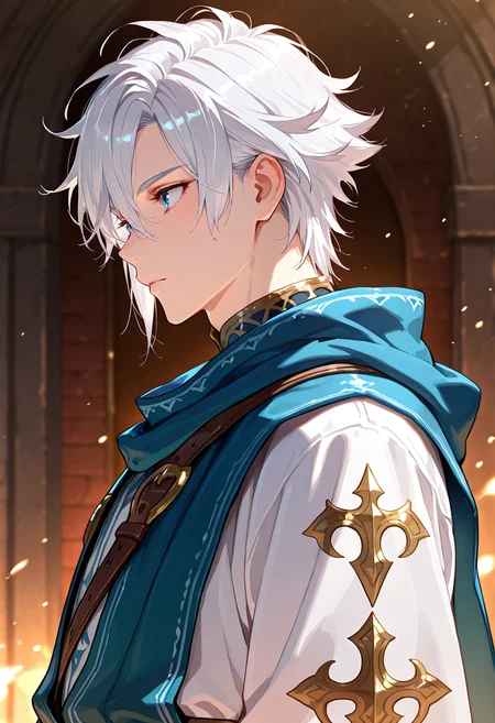<lora:takeda_hiromitsu_style_illustrious_goofy:1>, <lora:noobai_vpred_1_masterpieces_v23:1>, <lora:Eyes_Lora_Pony_Perfect_eyes:1> , masterpiece, fantasy\(theme\), thick outlines, best quality, 1boy, handsome, 18-year-old, short messy hair, white hair, off-center sideswept fringe, blue eyes, side view,