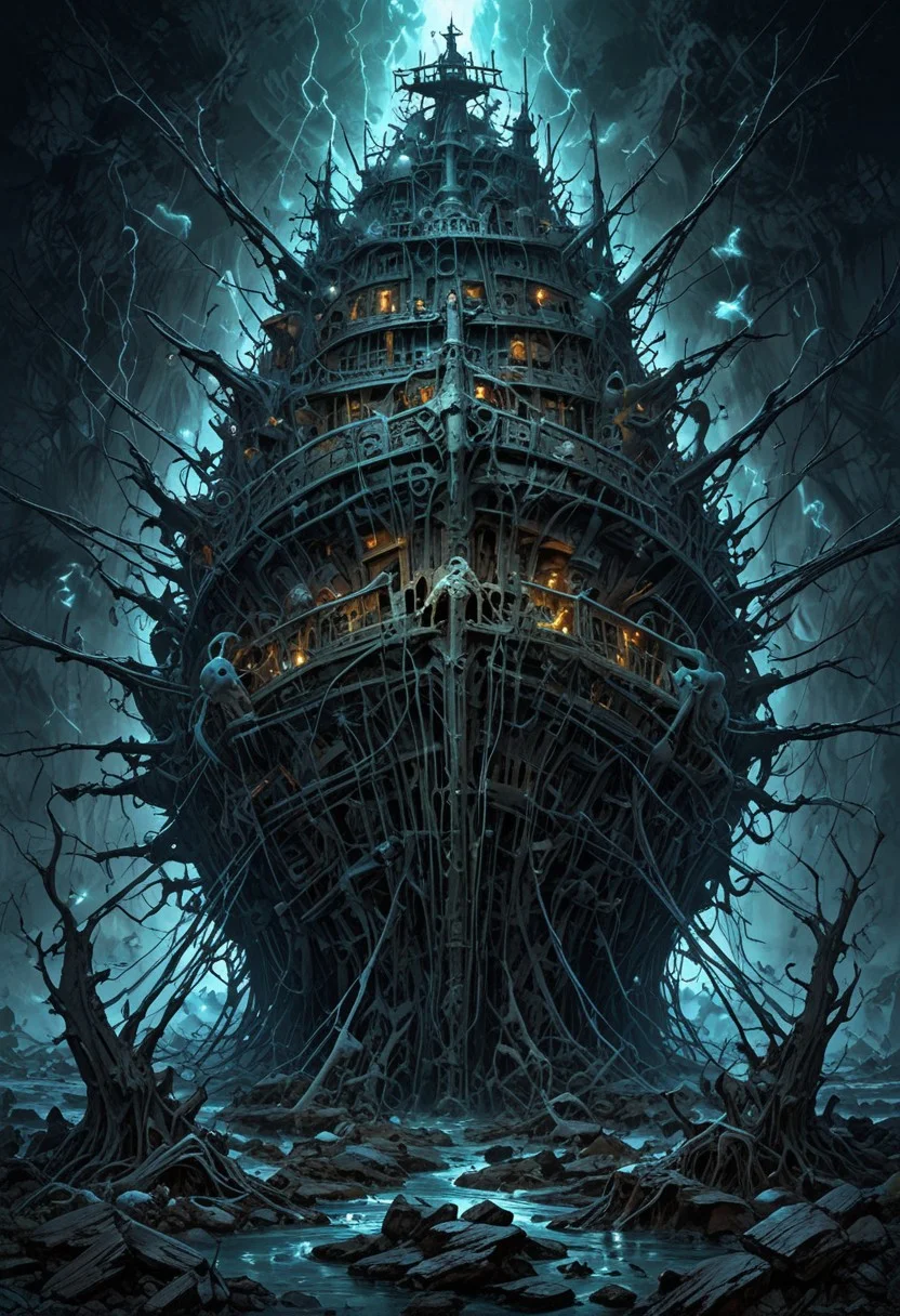 (((diffuse dynamic colors))), (((ultra detailed illustration of a diffuse hallucinatory ghost ship creature))), (((complex 3d projections of ghostly translucent fabric and glowing hollow cybernetic threads))), concept art, ((light particles)), stunning visual masterpiece, (((double exposure))), ((glowing texture)),, (black tones), (unworthy), (no limits), (unpredictable), (surreal), (professional composition), (award winning composition) creative freedom, (artistic expression), (extreme composition), (spontaneous composition), (black filter), ((surreal theme)), (diffuse creatures), (diffuse figures), disturbing visual expression, lit dark fantasy realm, unusual chromatic contrast).  <lora:EpicF4nta5yXL:0.8>