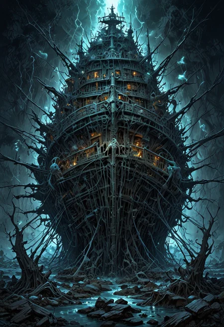 (((diffuse dynamic colors))), (((ultra detailed illustration of a diffuse hallucinatory ghost ship creature))), (((complex 3d projections of ghostly translucent fabric and glowing hollow cybernetic threads))), concept art, ((light particles)), stunning visual masterpiece, (((double exposure))), ((glowing texture)),, (black tones), (unworthy), (no limits), (unpredictable), (surreal), (professional composition), (award winning composition) creative freedom, (artistic expression), (extreme composition), (spontaneous composition), (black filter), ((surreal theme)), (diffuse creatures), (diffuse figures), disturbing visual expression, lit dark fantasy realm, unusual chromatic contrast).  <lora:EpicF4nta5yXL:0.8>
