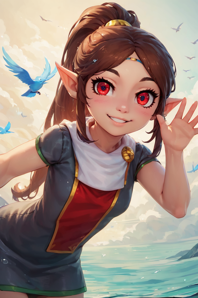 score_9, score_8_up, score_8, medium breasts, (curvy), cute, eyelashes,       BREAK, ,  <lora:MedliZelda_PDXL_v2:0.8>,  zzMedli, solo, 1girl, brown hair, pointy ears, bird, long hair, long hair, red eyes, ponytail, BREAK, looking at viewer,  smile, waving, upper body, leaning forward, head tilt,  embedding:zPDXL, Expressiveh, <lora:CatalystStylePDXL:0.6>,  <lora:SDXLFaeTastic2400:0.5>,  <lora:Expressive_H-000001:0.4>,