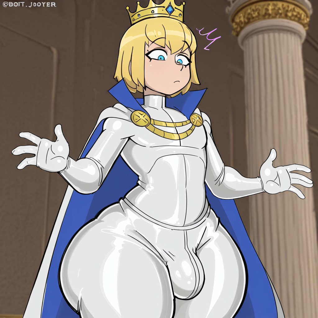 Waterenjoyer style,1boy,solo,blonde hair,blue eyes,crown,cape,prince,white latex pants,bobcut,bulge,regal outfut,wide hips,thick thighs,expressive, masterpiece,best quality,amazing quality
