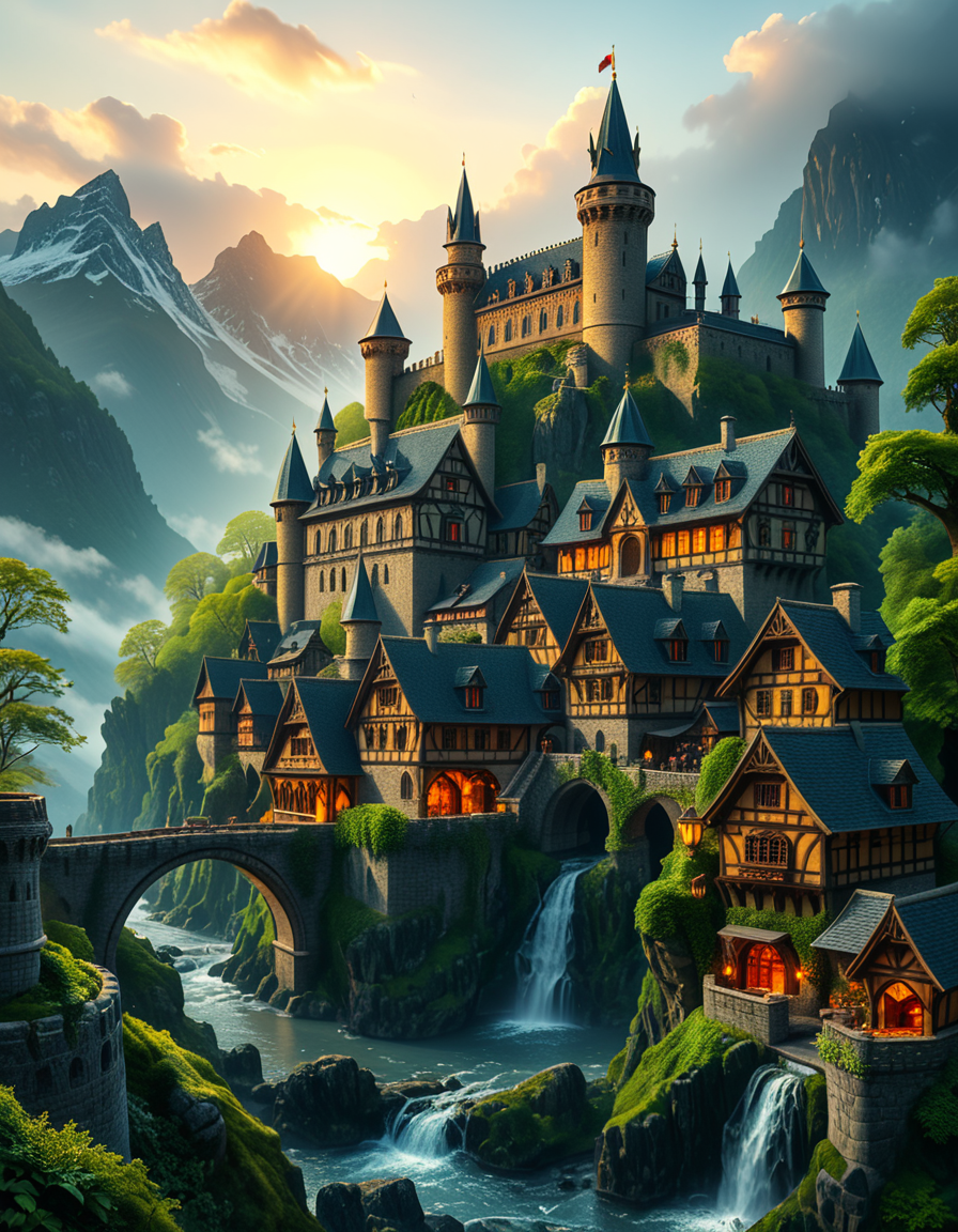 A breathtaking medieval fantasy city nestled in a lush valley, surrounded by towering mountains and dense forests. A grand castle with multiple towers and turrets stands atop a hill, overlooking the town below. The city consists of charming half-timbered houses with glowing windows, perched on rocky cliffs and connected by stone bridges over cascading waterfalls. The river flows through the village, reflecting the warm golden lights of lanterns and torches. Ivy and moss grow over the stone walls, adding to the enchanted, ancient atmosphere. The background features misty mountains with additional fortresses and watchtowers, partially hidden by low-hanging clouds. The sky is illuminated by a soft, warm sunset, casting a golden glow on the scenery, creating a perfect blend of realism and fantasy. Highly detailed, cinematic, and immersive, with a magical, fairy-tale ambiance.
<lora:SDXLFaeTastic2400:0.4> <lora:extremely_detailed:0.4> extremely detailed, <lora:medieval_f4nt4sy_c1ty:1>,medieval f4nt4sy c1ty, Masterpiece,best quality,hi res,8k,hi res,8k,award winning,(sharp focus, intricate, highly detailed),