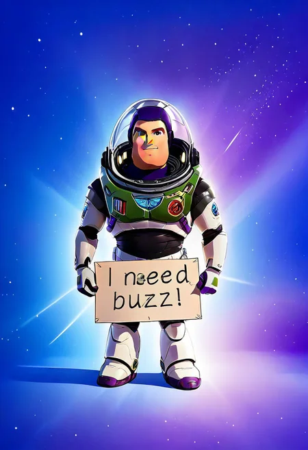 BLightyear, spacesuit, purple cap, clear helmet,, space background, need_buzz, holding sign, looking diagonally up