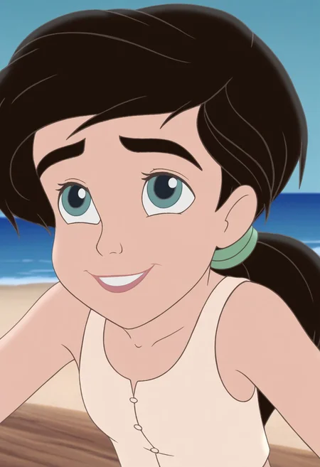 close up, melody, aqua eyes, thick eyebrows, black hair, ponytail, smile, green hairband, arms down, white undershirt, sleeveless, ocean, day, beach background
