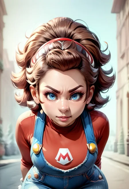 <lora:MtF_Genderswap:1>, genderswap \(mtf\), Mario, facing forward, mario hat, adult woman, extremely large nose, extremely bulbous nose, very wide face, circular head shape, wide chin, wide jawline, brown hair, lightly curly hair, blue eyes, average bust, wide hips, denim coveralls, red shirt, fully clothed, zPDXL, score_9, score_8_up, score_7_up, score_6_up, score_5_up, score_4_up,
full body render, full body, photorealistic image, realistic image, high quality, detailed face, realistic human proportions, detailed clothes,