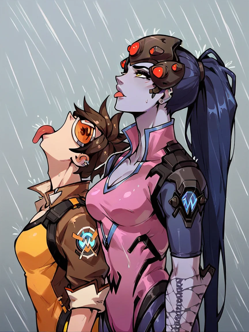 score_9, score_8_up, score_7_up, score_6_up, score_5_up, <lora:VIRmemeXLP:0.6> vir, rain, looking up, 2girls, tongue out, tracer \(overwatch\), widowmaker \(overwatch\),