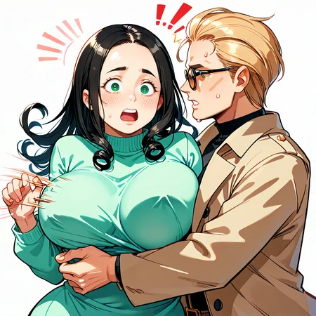 score_9, score_8_up, score_7_up, score_6_up, source_anime, rating_safe, <lora:_sdxl-chichibinta-pony:0.3> (((chichibinta, body turn and tits swinging, slap someone with swinging boobs, tits slap, couple, hetero, duo, from side, head on breasts, head between breasts, motion lines, open mouth, surprised, face to breasts, breast smother, bumping, run into someone breasts))),
BREAK (1girl, (curly hair), long hair, (black hair), mature female, (parted hair:1.7), (round face), (no_bangs:1.3), (no_fringe:1.6), looking at viewer, (thick eyebrows:0.9), (plump, curvy), round-chin, breasts, caucasian, down-turned eyes, (forehead:0.65), <lora:ETO_OCPonyXL:0.5> eto_oc, skindentation, naughty smile, thick thighs, wide hips, petite, busty, voluptuous, :o, surprised, looking at another, ((breasts on another head, slapping with her breasts))),
BREAK (<lora:albertwesker-guy-PONYv1:1> albertwesker, albert wesker, 1boy, blonde, black gloves, sunglasses, belt, pants, long coat, trench coat, black coat, black pants, toned, athletic, fit, slicked back hair, black turtleneck, zipper, mature male, looking at another, ((head on another breasts, being slapped by another breasts, head between another breasts, open mouth, surprised, breast smother, run into someone breasts))),