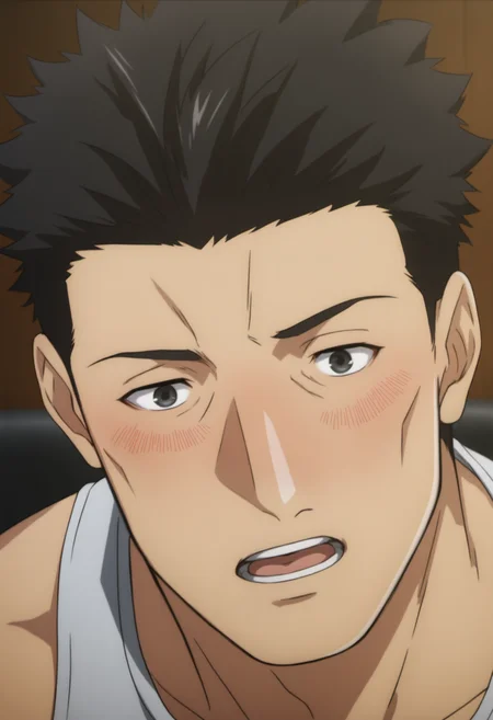 1boy, ooiwa_Iseleve, black eyes, black hair, spiked hair, white tanktop, boxer brief, score_8_up, score_7_up, score_6_up, score_9, manly, muscular, muscle, ((middle-age man)), a muscular man at living room, centered, looking at viewer, (detailed eyes), 8k uhd, high quality, anime color, cinematic angle, front view, sitting on sofa, armpit_hair, ((drunk)), ((blush)), closed eyes, french kiss,