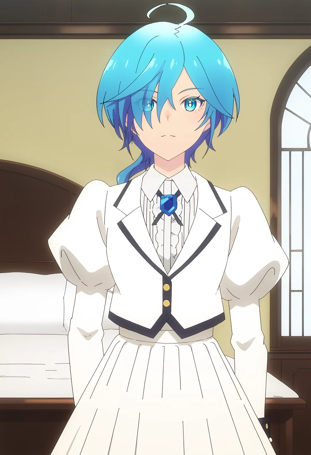 <lora:Isemi_Tina-pony:1>,
Isemi Tina,solo,ahoge,looking at viewer,white skirt,skirt,long sleeves,puffy sleeves,shirt,closed mouth,jacket,white shirt,juliet sleeves,jewelry,indoors,brooch,pleated skirt,low ponytail,