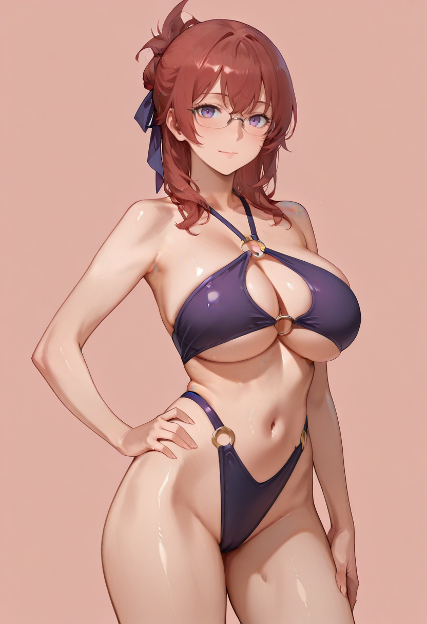 masterpiece, best quality,
1girl, solo, cowboy shot,
standing, hand on own hip,
looking at viewer, light smile,
<lora:Lilia_Greyrat:1> L1l14Gr31r4t, purple eyes, glasses, red hair, hair ribbon, mature female, large breasts, 
simple background, pink background,         
 <lora:Shining_summer:0.8>  5h1n1ng_50mm3r, bikini, swimsuit, o-ring,