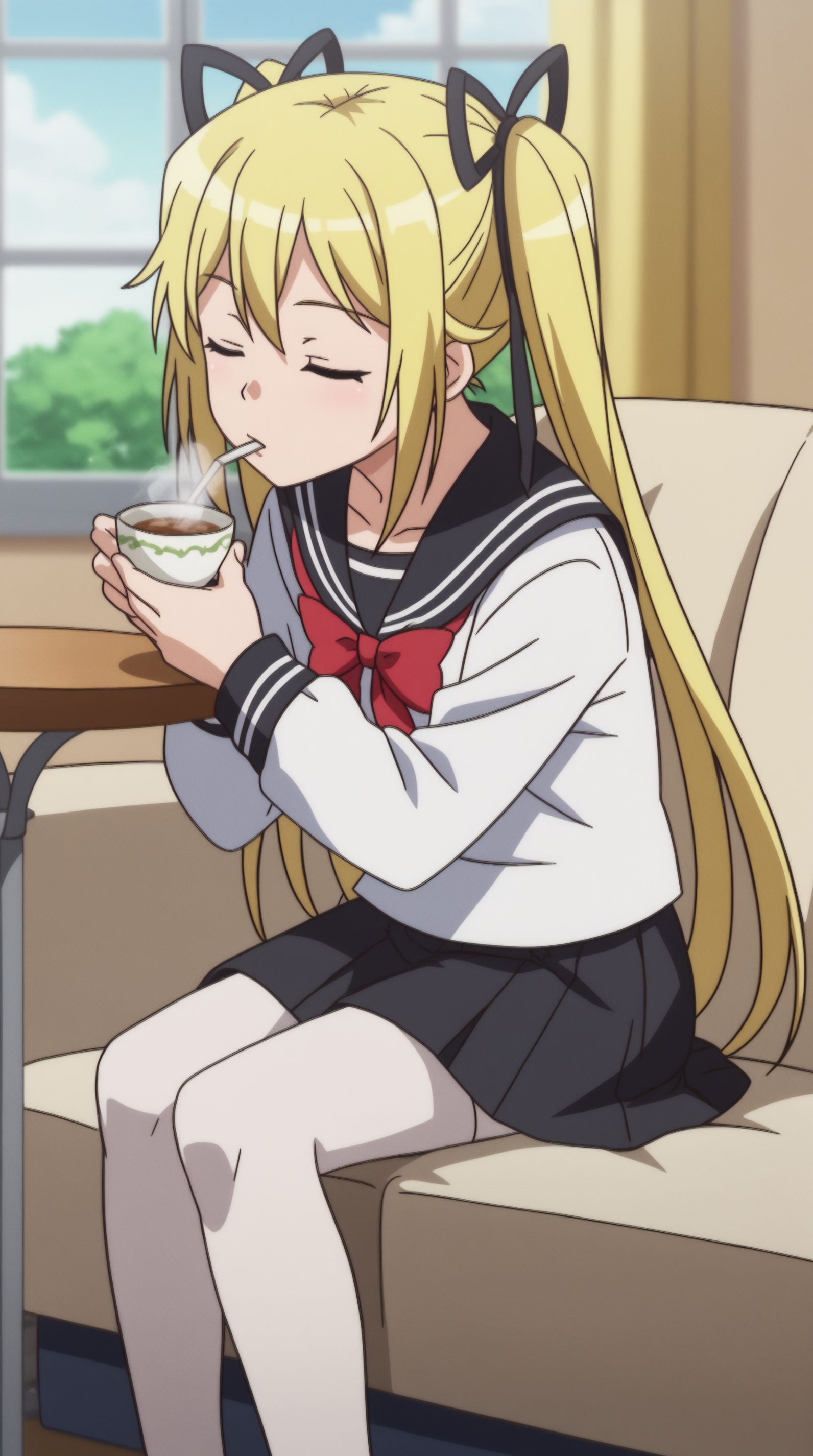 score_9, score_8_up, score_7_up,anime_source, source_anime, best background, detailed background, anime screencap, 4k, upscaled,  Mafuyu Orifushi, solo, skirt, ribbon, sitting, school uniform, closed eyes, hair ribbon, serafuku, blurry, drinking, bubble tea,  <lora:JN_Mafuyu_Orifushi_Pony:0.8>