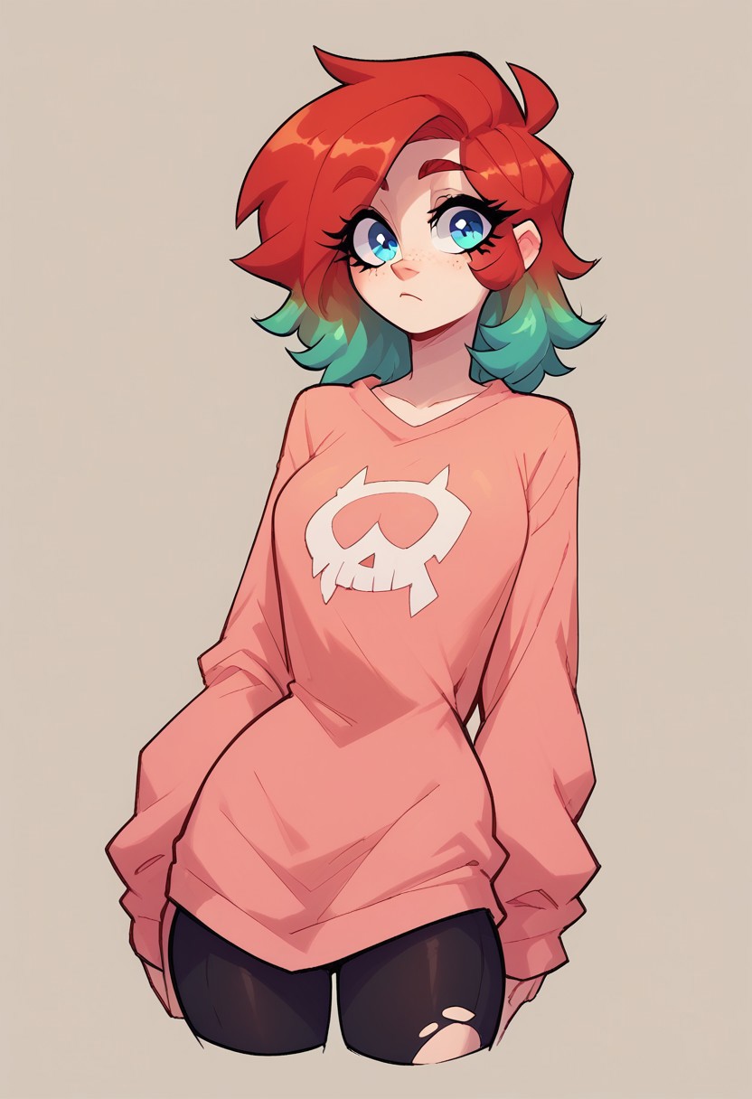 <lora:OC_Rae_Character_LoRA_PonyXL:1> <lora:PonyXL_Gerph_Style_Lora:0.8>
score_9, score_8_up, score_7_up, score_6_up, 1girl, BREAK,
Ra3lyn, gradient hair, oversized sweatshirt, ripped black leggings, close-up, dynamic pose, dynamic view, dynamic light
