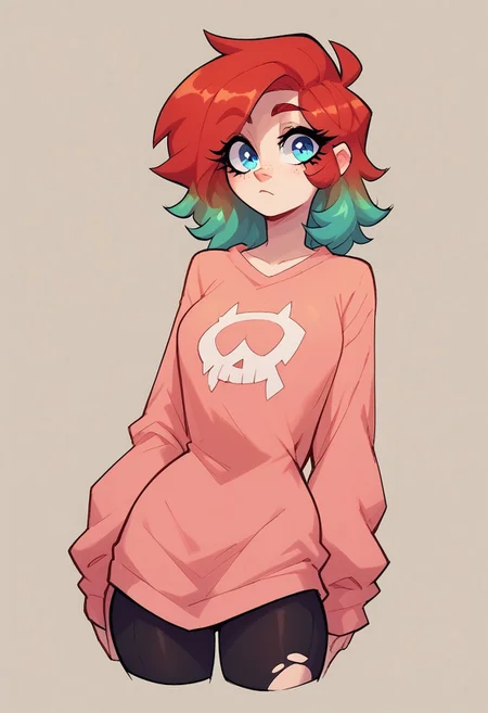 <lora:OC_Rae_Character_LoRA_PonyXL:1> <lora:PonyXL_Gerph_Style_Lora:0.8>
score_9, score_8_up, score_7_up, score_6_up, 1girl, BREAK,
Ra3lyn, gradient hair, oversized sweatshirt, ripped black leggings, close-up, dynamic pose, dynamic view, dynamic light