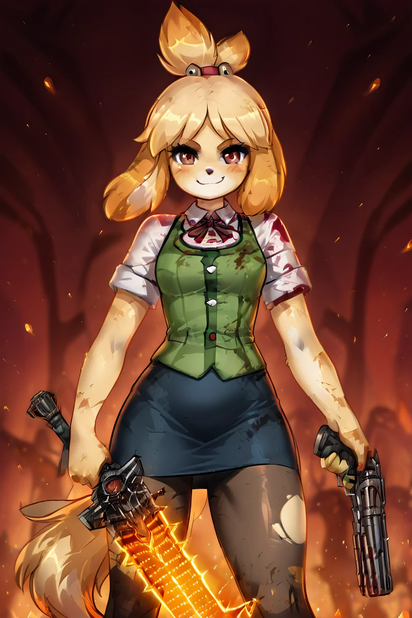 masterpiece, best quality, eyelashes, (beautiful eyes), solo, zzIsabelleDoom, brown eyes, topknot, dog ears, blouse, crucible (doom), demon, dog tail, double-barreled shotgun, energy sword, energy weapon, gun, hair bell, legs apart, miniskirt, multiple-barrel firearm, nintendo, pantyhose, pencil skirt, plaid clothes, red eyes, ryuusei (mark ii), sawed-off shotgun, shirt, shotgun, side-by-side-barreled shotgun, skirt, smile, sword, tail, torn clothes, torn pantyhose, weapon, white shirt, smug, smile, closed mouth, looking at viewer, cowboy shot, <lora:MantisStyleIXL:0.7>, <lora:SDXLFaeTastic2400:0.5>, <lora:IsabelleDoomSlayerIXL:1.0>,
