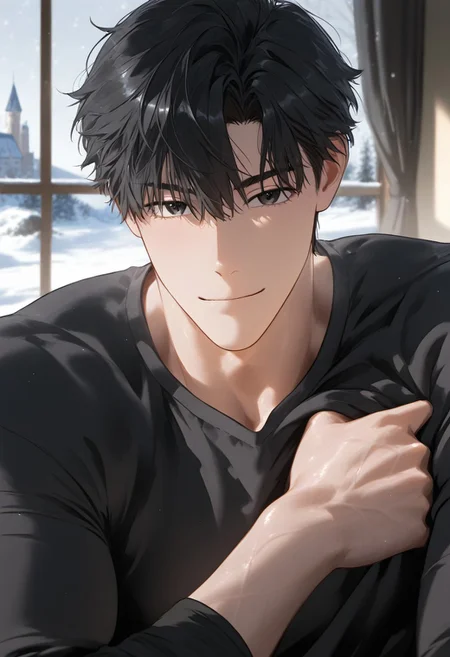 //General, masterpiece,best quality,amazing quality, source_anime, intricately detailed illustration, very aesthetic, absurdres, newest, anime coloring, subsurface scattering, , natural lighting, Expressiveh, detailed skin, shiny skin,aesthetics light, depth of field, vibrant colors,
//Fashion, black shirt, long sleeves,
//Background, castle interior, indoors, snow background outside the window,
//Others, 1boy, male focus, solo male, manly body,
//Action, looking at viewer, light smile, close up, upper body,
BREAK,
define relationship, black eyes, black hair