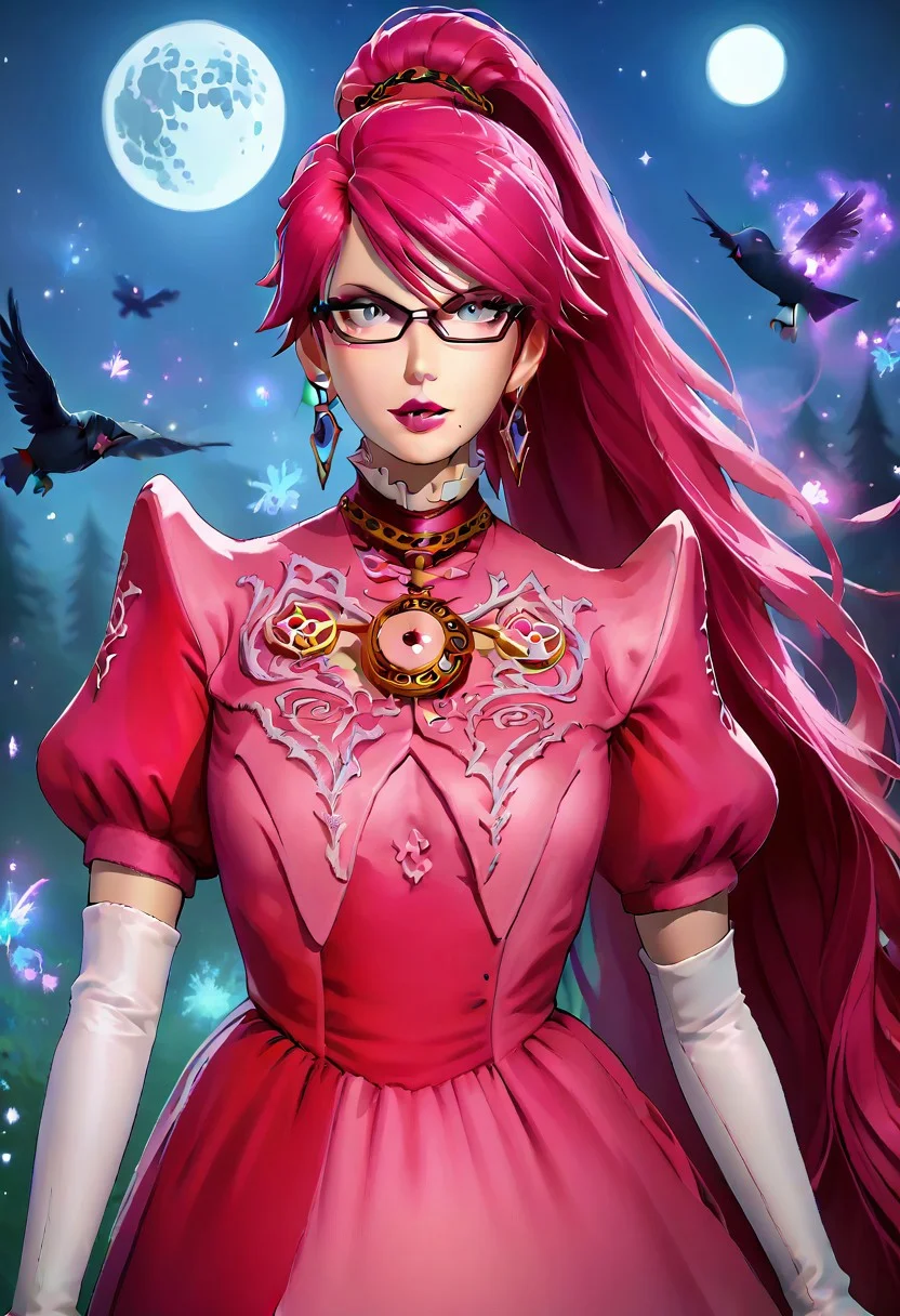 upper body, half body, ((crown, dress, gem, gloves, pink dress, puffy short sleeves, puffy sleeves, short sleeves, white glove)), BayonettaSDXL, Bayonetta2, 1girl, solo, focus, magic, dark shadows magic, long hair, looking at viewer, absurdly long hair, ponytail, Floor length air gray eyes, pink hair, blue lipstick, gloves, jewelry, very long hair, tall girl, earrings, parted lips, glasses, elbow gloves, white gloves, mole, lips, bodysuit, makeup, night, moon, lipstick, mole under, r mouth, full moon, amulet, bayonetta, cowboy shot,, crowmancer, crow flock, drawing dark magic circles with shadows, bold, striking, cowboy shot, easynegative, flat color, dark theme, g4n1m3, shadow magic, arkane_dark, night, night lights, dynamic pose, dynamic angle, Vintage BREAK score_9, score_8_up, score_7_up, score_6_up, source_anime,
