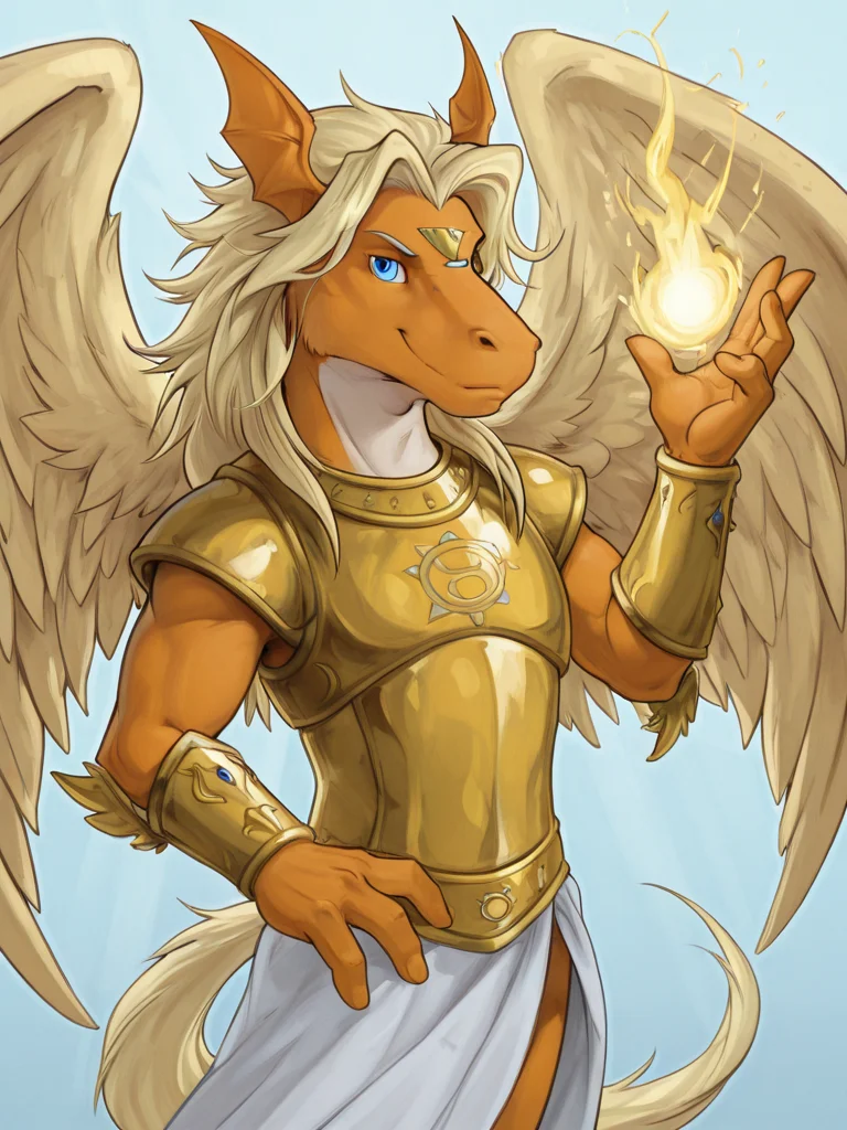 pegasusmon, male, anthro, chestplate, blue eyes, pose, magic, half-length, hope-symbol, wings