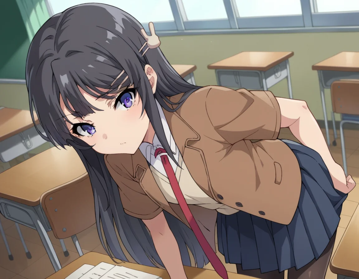 score_9, score_8_up, score_7_up, source_anime,
maisakurajima, <lora:mai-sakurajima-s1-ponyxl-lora-nochekaiser:1>
mai sakurajima, long hair, bangs, black hair, hair ornament, purple eyes, hairclip, rabbit hair ornament,
skirt, shirt, school uniform, white shirt, short sleeves, pantyhose, pleated skirt, collared shirt, blue skirt, black pantyhose, red necktie, jacket, brown jacket,
indoors, classroom, bent over,
looking at viewer, cowboy shot, dutch angle,