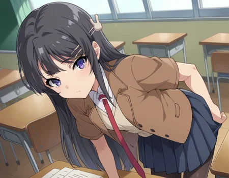 score_9, score_8_up, score_7_up, source_anime,
maisakurajima, <lora:mai-sakurajima-s1-ponyxl-lora-nochekaiser:1>
mai sakurajima, long hair, bangs, black hair, hair ornament, purple eyes, hairclip, rabbit hair ornament,
skirt, shirt, school uniform, white shirt, short sleeves, pantyhose, pleated skirt, collared shirt, blue skirt, black pantyhose, red necktie, jacket, brown jacket,
indoors, classroom, bent over,
looking at viewer, cowboy shot, dutch angle,