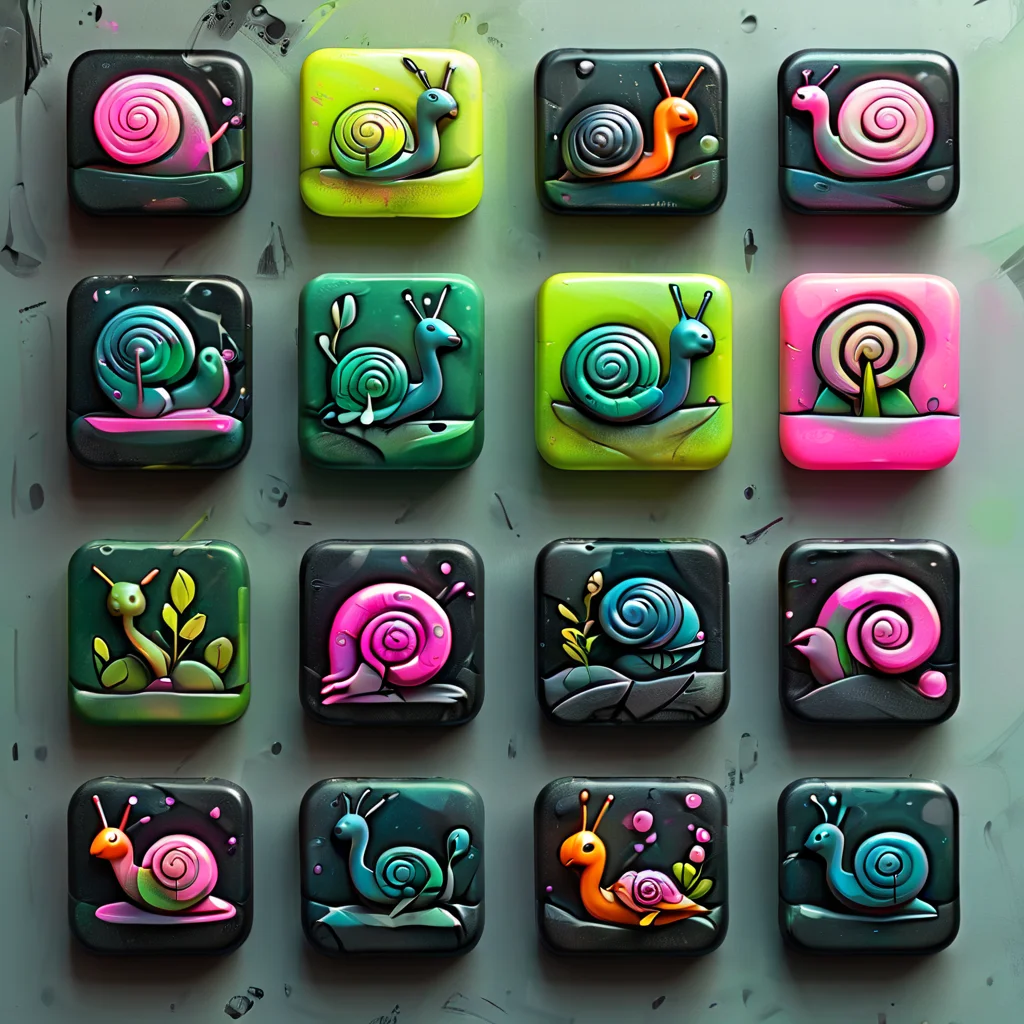 <lora:artfullyTILED_SDXL_V2:0.7>,collection of icons of a minimalistic logo for ArtfullyPrompt featuring a black background,a snail gracefully moving with a vibrant paint trail in neon green and neon pink,incorporating pastel tones and subtle hints of ink,charcoal,and watercolor for an artistic and refined touch arranged in a grid of icons,<lora:ral-opal:0.3>,<lora:artfullytinyfae_sdxl_v1:0.4>,<lora:ARTFULLYORACLESDXL-V1:0.4>,<lora:artfullyinsect_-_v1-000007:0.5>,<lora:artfullymaleform_sdxl_v1:0.3>,
