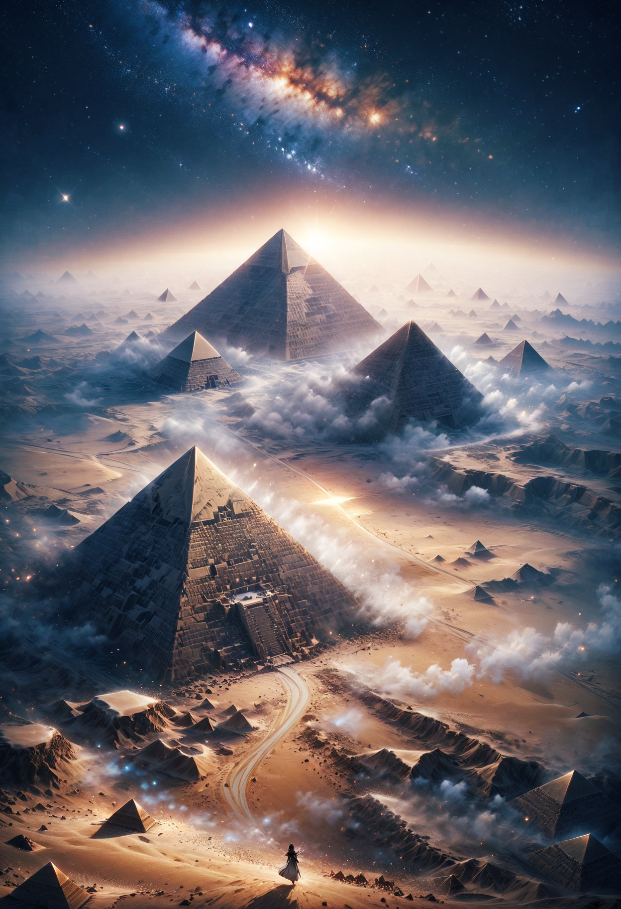 detailed landscape, desert, Egypt, pyramids, night, fog, stars, Milky Way, sand with wind, long shot, from above, cinematic, masterpiece, best quality, very aesthetic, absurdres, <lora:add-detail-xl:1>,  <lora:MJ52:0.25>, <lora:d4rk01lXLP:0.60> d4rk01l  <lora:ral-dissolve:1> ral-dissolve