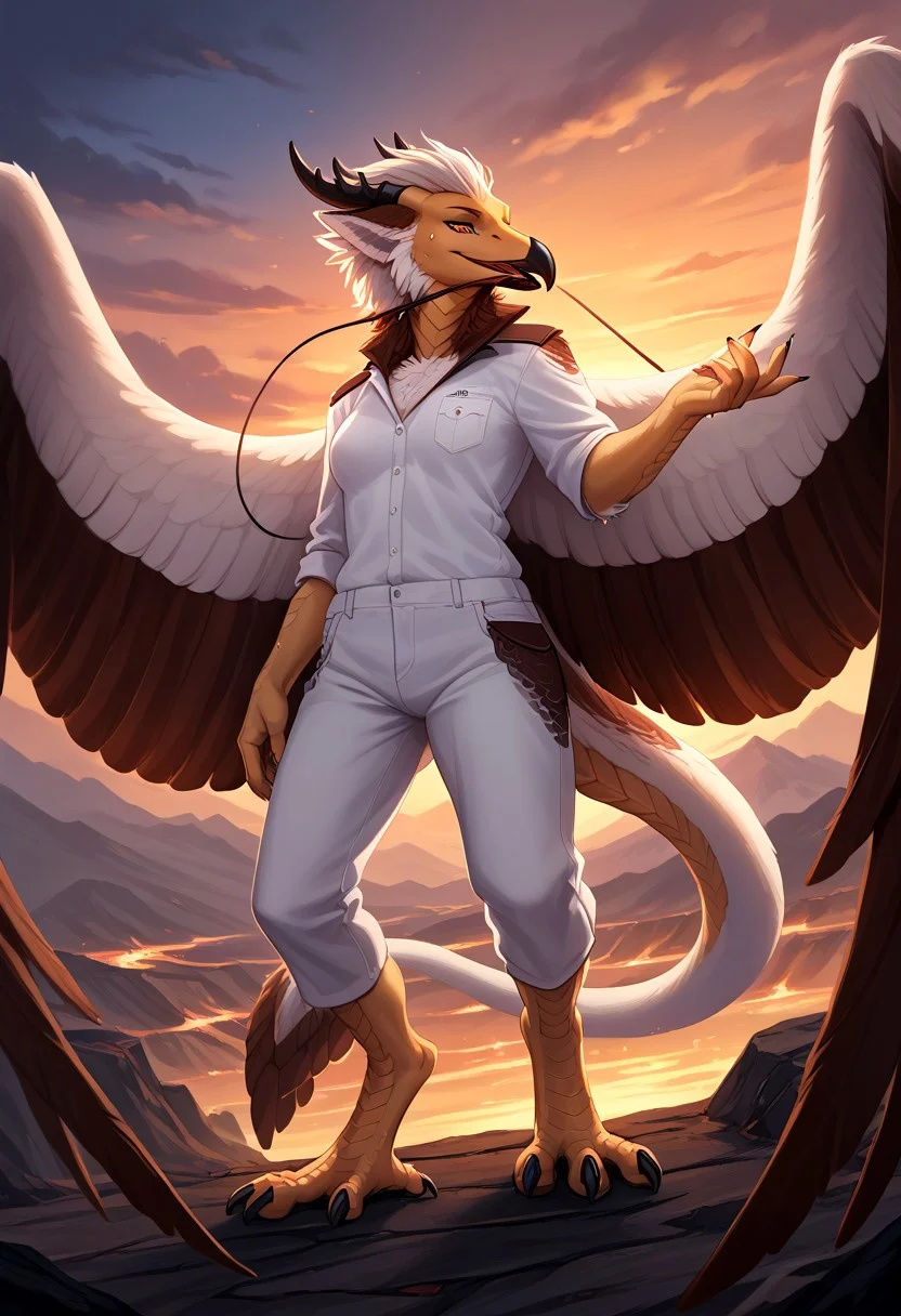 score_9, score_8_up, score_7_up, (by shinodage), outdoor, (((seductive, sexy, sweat, horny))), dutch angle, high quality, hires, anthro, detailed background, detailed eyes, emotional, easynegative, Split Lighting style, pose, anthro, feral, volcano background,
eva_ozawk, avian, solo, wings, 1girl, tail, horns, feathered wings, talons, clothed, white hair, claws, bird tail, digitigrade, duo, sex, 1girl, 1boy