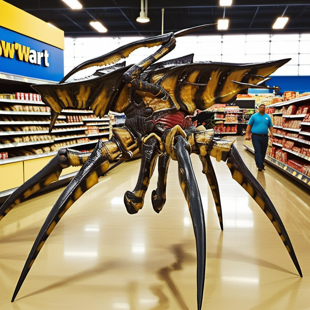 Starshiptrooper1024, a giant bug chasing a fat man in wallmart, full body, features intricate detail, detailed eyes, highly detailed, photography, ultra sharp, film, bokeh, professional, 4k  <lora:Starshiptrooper1024:0.8> <lora:add-detail-xl:2>