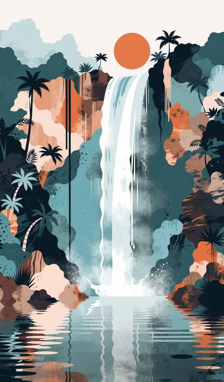 minimalist illustration, Exotic waterfall and lake landscape