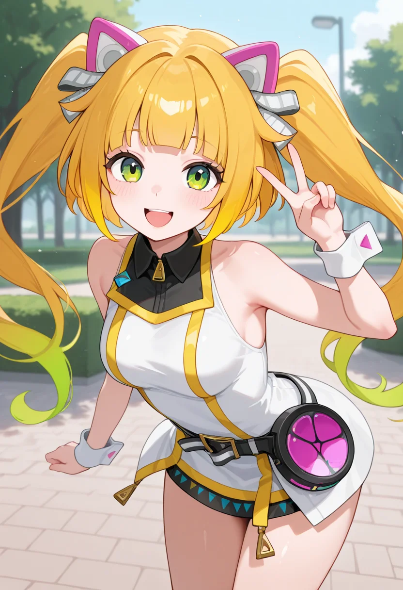 1girl,solo,<lora:biscoil:0.9>,bisco,green eyes,blonde hair,long hair,twintails,multicolored hair,gradient hair,animal ears,cat ears,dress,sleeveless,bare shoulders,belt,wrist cuffs,looking_at_viewer,cowboy_shot,smile,v,park,leaning_forward,open mouth,masterpiece,best quality,good quality,newest,incredibly absurdres,